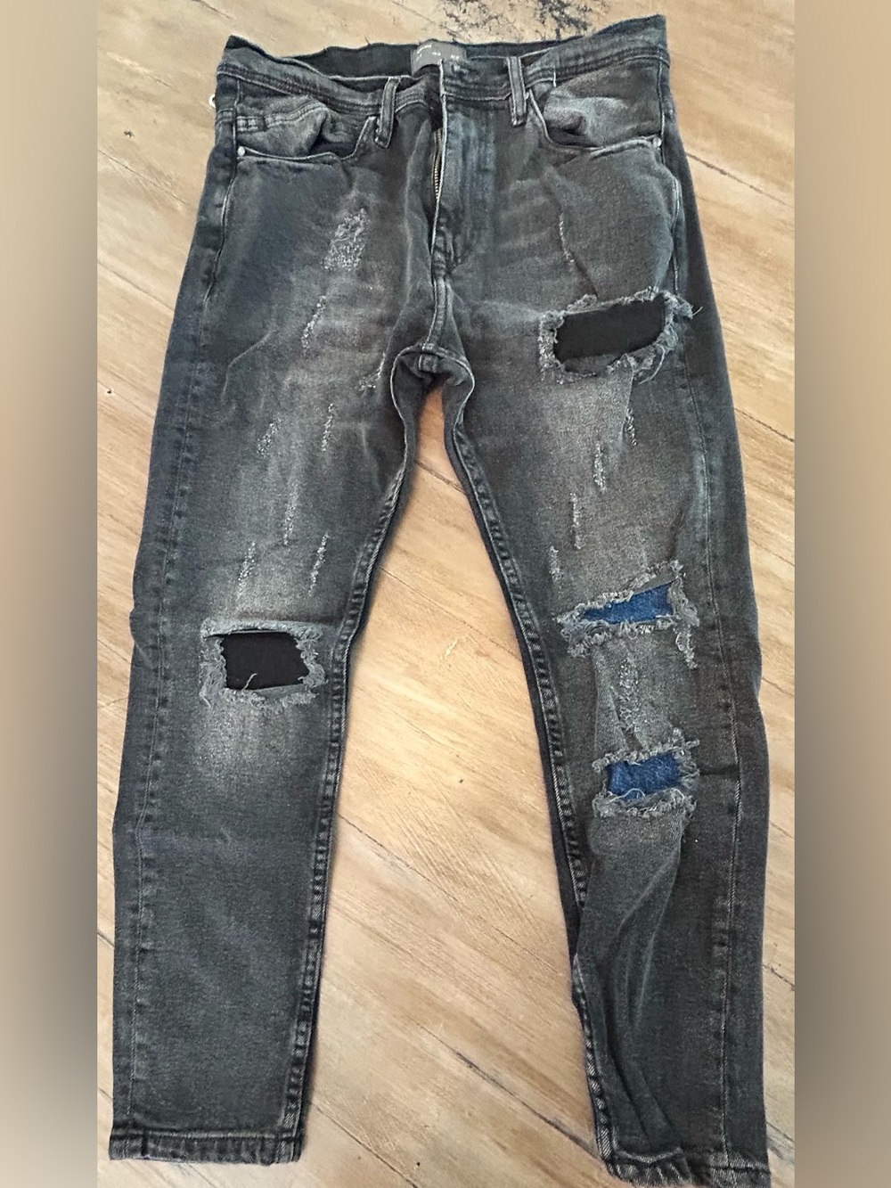Zara Men's Black Distressed Skinny Jeans with Blue Patch Detail